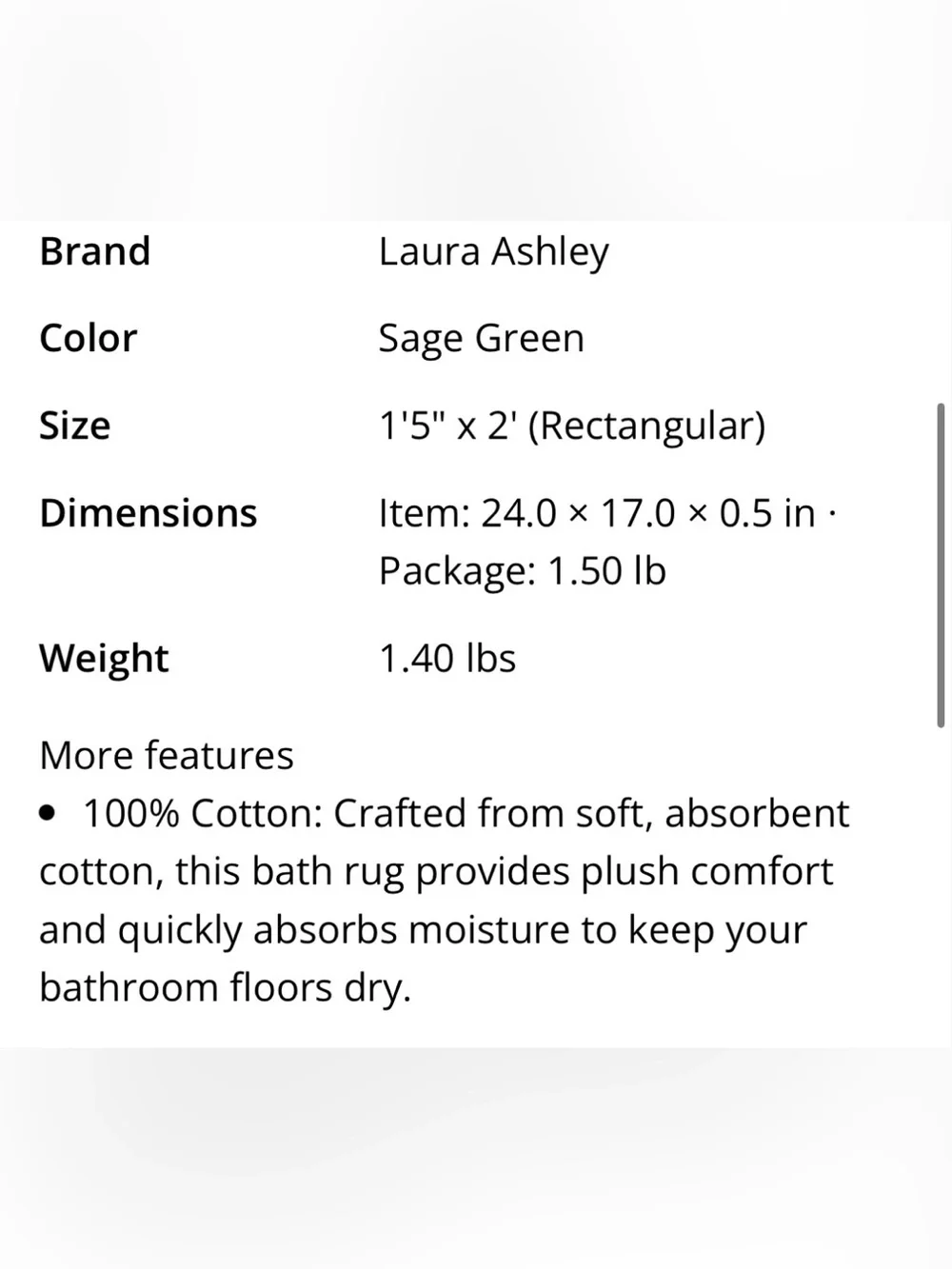Laura Ashley Small Bath Mat Rectangular 1.5x2’ Sage Green